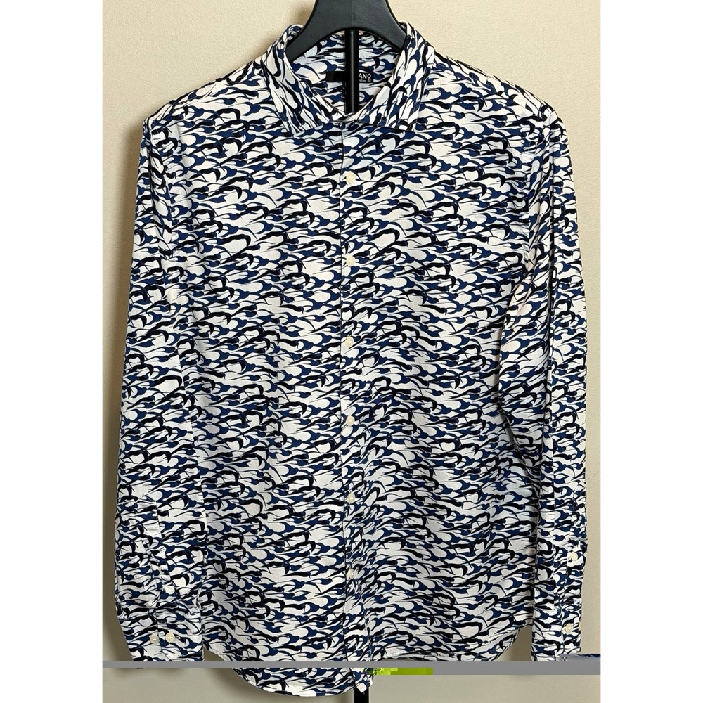 Murano Men Slim Fit Blue/White Abstract 100% Cotton Dress Shirt L 32/33 Perfect